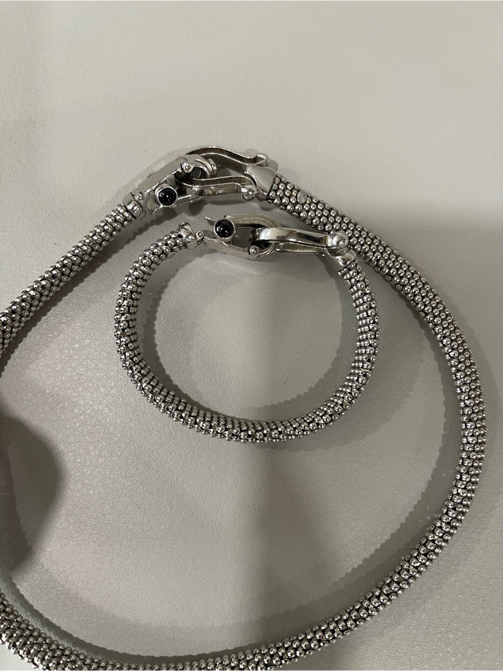 Diamond horseshoe clasp Silver Mesh Necklace and Bracelet Set